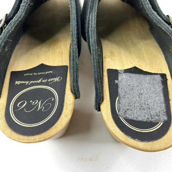 No. 6 Sven Clog Woven Slingback Peep Toe Wooden Heel Black Leather Shoes Size 38 - Picture 6 of 9